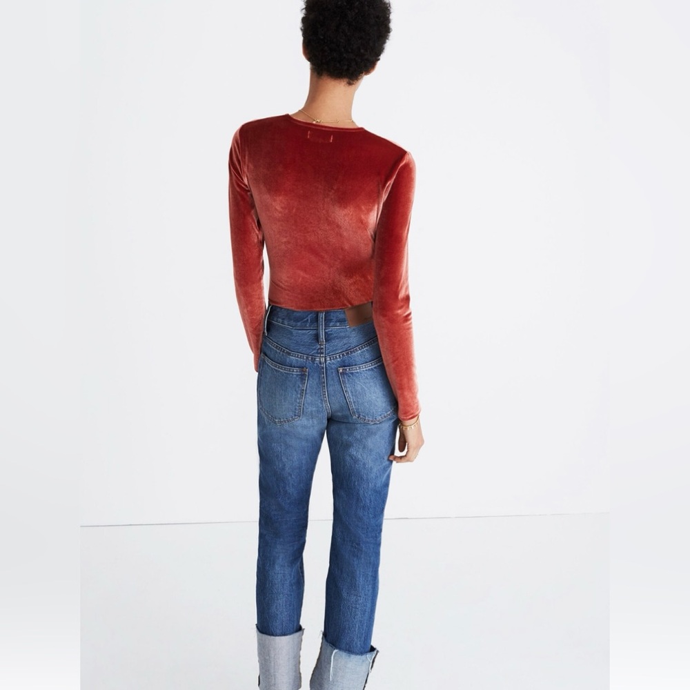 Madewell Rusty Orange Long Sleeve Velvet Wrap Bodysuit, Sz S - Picture 2 of 15